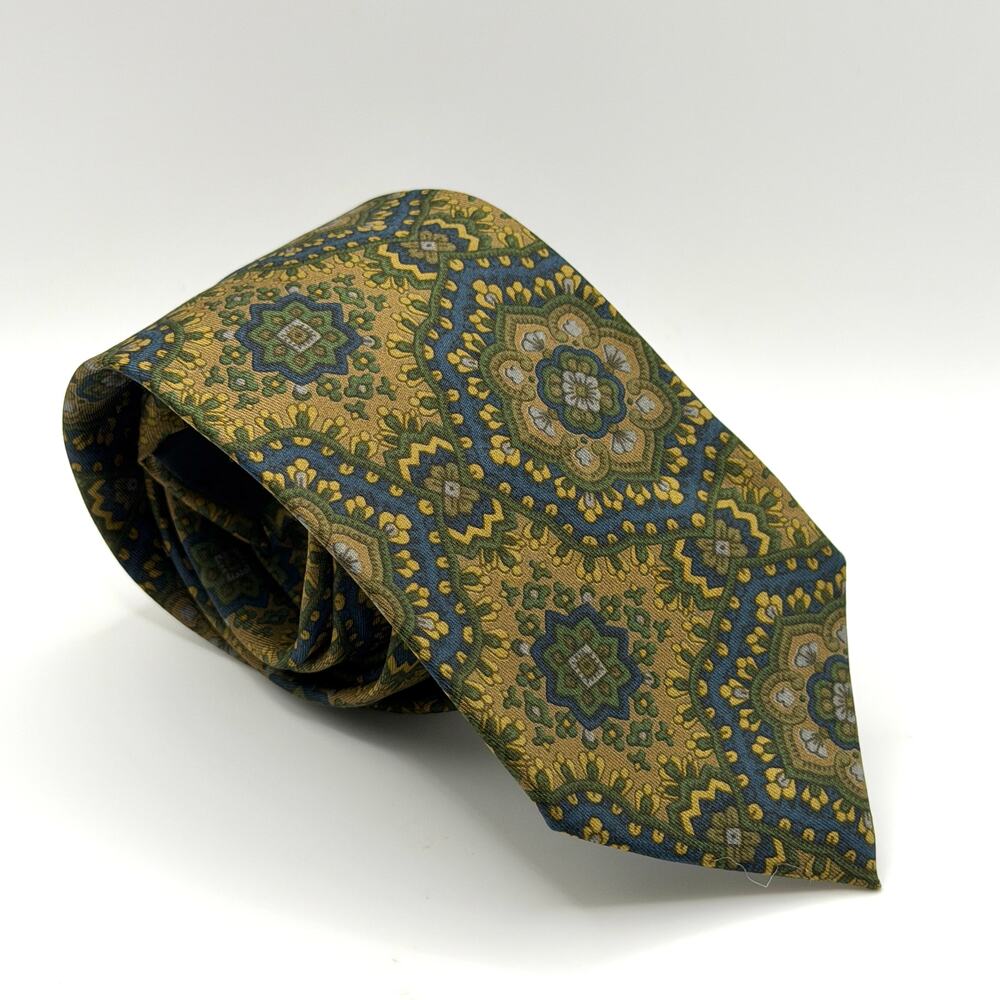 Vintage 90s Etro Green Navy Gold 100% Silk Paisley Skinny Luxury Tie
